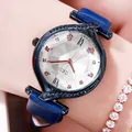 Elegante orologio al quarzo da donna con cinturino in pelle blu e ghiera in cristalli - Cassa Blu & Quadrante Bianco & Blu