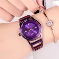 Elegante reloj de mujer oro rosa con esfera púrpura y cristal tallado facetado - Todo Púrpura