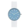 Reloj de cuarzo minimalista con esfera azul pastel y correa de silicona blanca elegante - Correa Blanca Esfera Azul