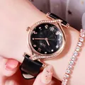 Reloj de lujo GEDI oro rosa para mujer con correa de cuero negro y esfera strass - Caja de Oro Rosa Esfera Negra Correa Negra