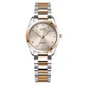 Reloj elegante de acero bicolor con esfera champán y marcadores de cristal para mujer - Caja de Oro Rosa Esfera Rosa con Correa de Oro Rosa