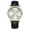 Montre GEDI à quartz avec cadran argenté, lunette dorée et bracelet en cuir noir - Homme Boîtier Bicolore Or Cadran Blanc Bracelet Noir