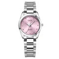 GEDI Women's quartz watch with silver steel band and sunray pink dial featuring diamond markers - White Case Pink Dial with Steel Strap