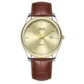 Montre à quartz classique avec cadran doré champagne et bracelet en cuir marron - Homme Boîtier Bicolore Or Cadran Or Bracelet Brun
