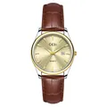 Montre à quartz classique avec cadran doré, guichet de date et bracelet en cuir brun - Femme Boîtier Bicolore Or Cadran Or Bracelet Brun