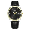 Montre à quartz classique avec cadran noir, lunette dorée et bracelet en cuir noir - Homme Boîtier Bicolore Or Cadran Noir Bracelet Noir