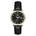 Montre à quartz GEDI avec cadran noir soleil, index dorés et bracelet cuir noir - Femme Boîtier Bicolore Or Cadran Noir Bracelet Noir