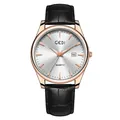 Montre à quartz pour hommes avec boîtier or rose, bracelet cuir noir et date - Homme Boîtier Or Rose Cadran Blanc Bracelet Noir