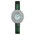 Montre à quartz pour femme avec lunette tournesol en strass et bracelet en cuir vert - Boîtier Argent/Cadran Vert/Bracelet Vert