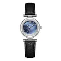 Reloj de cuarzo GEDI para mujer con esfera de nácar violeta y correa de cuero negro - Caja Plateada Esfera Azul Correa Negra