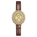 Montre ovale dorée élégante avec lunette en cristal et bracelet cuir marron - Boîtier Or/Cadran Or/Bracelet Marron