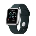 Digital sports watch with dark green silicone strap and silver square metal case - Green