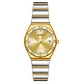 Women's quartz watch featuring two-tone silver and gold band with champagne date dial - Gold Mesh Strap Gold Dial