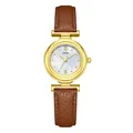 Reloj de cuarzo GEDI de lujo para mujer con esfera de nácar y correa de cuero marrón - Caja Dorada Esfera Blanca Correa Marrón Claro