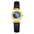 Reloj de cuarzo para mujer con caja dorada, esfera de nácar azul y correa de cuero negro - Caja Dorada Esfera Azul Correa Negra