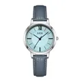 GEDI vintage small quartz watch with silver case, light blue dial and grey leather strap - Silver Case Blue Dial Blue Strap