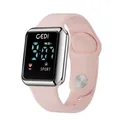 GEDI digital sports watch featuring pink silicone strap and silver case with LED display - Pink