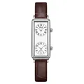 Rectangular dual dial quartz watch with brown leather strap and silver steel case - Silver Case White Dial Brown Strap