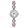 Montre pour femme en argent avec bracelet en œil de chat rose et cadran à chiffres romains - Boîtier Argent Oeil de Chat Rose