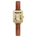 Elegante reloj vintage rectangular de cuarzo para mujer con caja dorada y correa de cuero marrón - Caja Dorada Esfera Dorada Correa Café Claro
