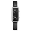 Women's dual time zone rectangular watch with silver case and black leather strap - Silver Case Black Dial Black Strap