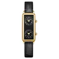 Vintage rectangular gold watch for women featuring dual dials and black leather strap - Gold Case Black Dial Black Strap