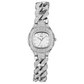 Reloj de cuarzo de lujo plateado para mujer con pedrería y pulsera de eslabones - Esfera Blanca de Plata