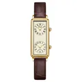 Rectangular gold dual-dial quartz watch with dark brown crocodile leather strap - Gold Case Light Gold Dial Brown Strap