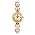 Elegant rose gold quartz watch featuring a luxury pearl bead bracelet and woven bezel - IP Gold Case Light Gold Dial White Pearl Strap