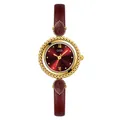 Elegant GEDI women's watch with wine red dial and gold-tone beaded bezel with leather strap - Gold Case Red Dial Red Strap