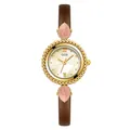 Elegant gold quartz watch with white mother of pearl dial and brown leather strap - Gold Case Gold Dial Coffee Strap