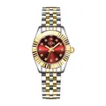 GEDI Luxus Damenuhr mit zweifarbigem Stahlarmband und funkelndem roten Zifferblatt - Zweifarbiges Gehäuse Goldene Marker Rotes Zifferblatt Zweifarbiges Armband