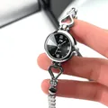 Elegant silver heart bracelet watch with black roman numeral dial and sparkling rhinestones - Silver Case Black Dial