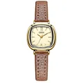 Reloj de cuarzo minimalista para mujer con caja de cojín dorada y correa de cuero marrón - Caja Dorada Esfera Dorada Correa Café