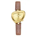 Minimalist triangle ladies watch with gold case and brown leather textured strap - Gold Case Brown Strap
