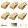 Set of 6 light brown leather drawer pulls with brass knobs and 18 mounting screws - Beige
