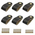 6-piece black leather drawer pulls with brass knobs and 18 matching mounting screws - Black