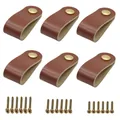 Brown leather drawer pulls with brass knobs and mounting screws set for cabinets - Brown