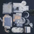 Vintage Mondphasen Scrapbooking Set mit blauen Mondaufklebern und Deko-Papier-Elementen - Nebliger Mondschein