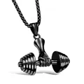 Polished black fitness necklace with dumbbell pendant and fist detail for men - Hand Holding Dumbbell Style (0614CG) / Black