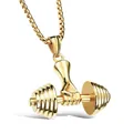 Golden fitness dumbbell pendant necklace featuring a powerful hand grip on a barbell - Hand Holding Dumbbell Style (0614CG) / Gold