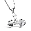 Polished silver dumbbell pendant necklace with hand grip detail on box chain for men - Hand Holding Dumbbell Style (0614CG) / Steel