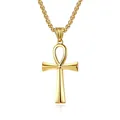 Macro view of polished gold Ankh cross pendant and sturdy metal chain necklace - Ankh Cross Style / Gold