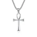 Polished silver stainless steel Ankh cross pendant with box chain on white background - Ankh Cross Style / Silver