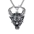 Retro punk titanium steel Hannya mask skull necklace with ox horns and box chain for men - Hannya Mask