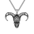 Gothic goat skull pendant necklace in silver stainless steel with punk tribal carving - Skull and Ram Horn Design / Silver