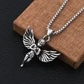 Vintage silver angel wing cupid pendant necklace with durable stainless steel box chain - Angel + 60cm Stainless Steel Chain