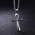 Polished silver Ankh cross pendant necklace for men with a sleek metallic link chain - Ankh Cross with Curb Chain / Silver