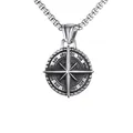 Detailed close-up of retro silver compass cross pendant with vintage box chain link necklace - Compass (Silver)