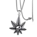 Men's vintage punk skull pendant on a box chain with detailed leaf background - Cannabis Leaf Skull Titanium Steel Chain